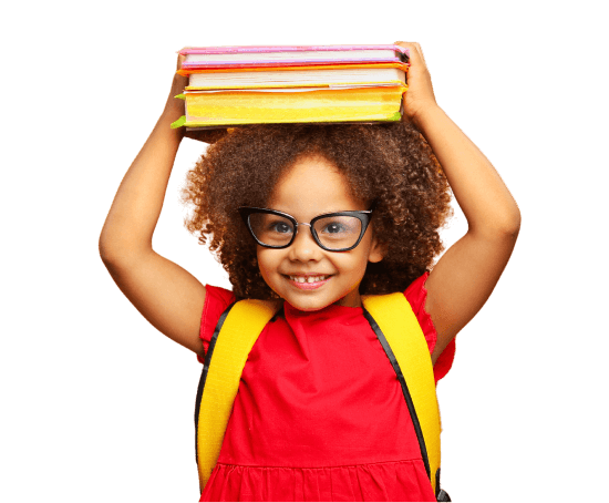 child with glasses holding a book